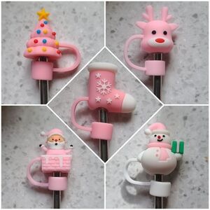 Cute 5 piece Pink Christmas Straw Covers